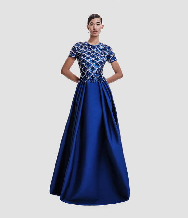 Naeem Khan BEADED JEWEL NECK DROP WAIST BALL GOWN WITH CAP SLEEVES