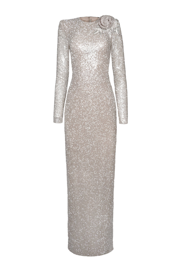 Naeem Khan BEADED JEWEL NECK LONG SLEEVE COLLUMN GOWN