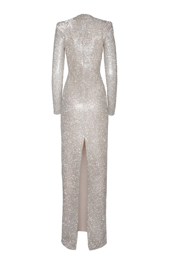 Naeem Khan BEADED JEWEL NECK LONG SLEEVE COLLUMN GOWN