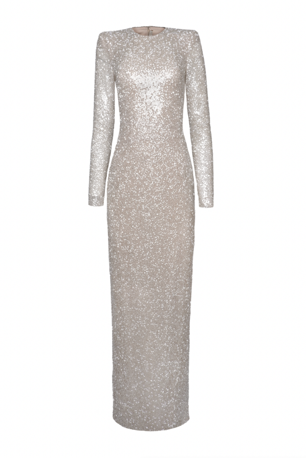 naeem khan BEADED JEWEL NECK LONG SLEEVE COLLUMN GOWN