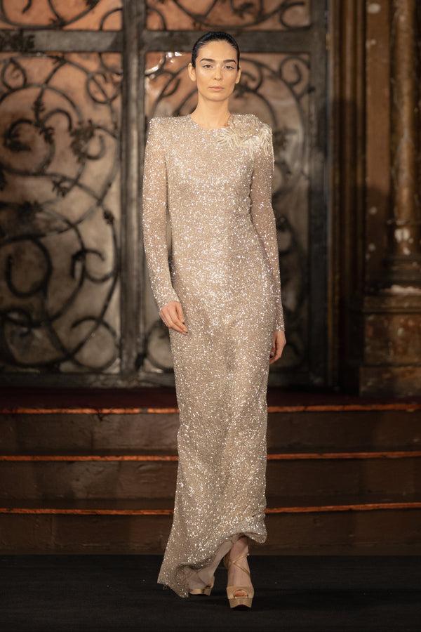 naeem khan BEADED JEWEL NECK LONG SLEEVE COLLUMN GOWN