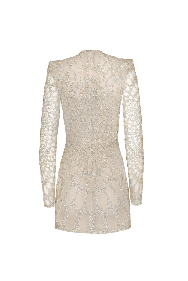 Naeem Khan BEADED JEWEL NECK MINI DRESS WITH LONG SLEEVES