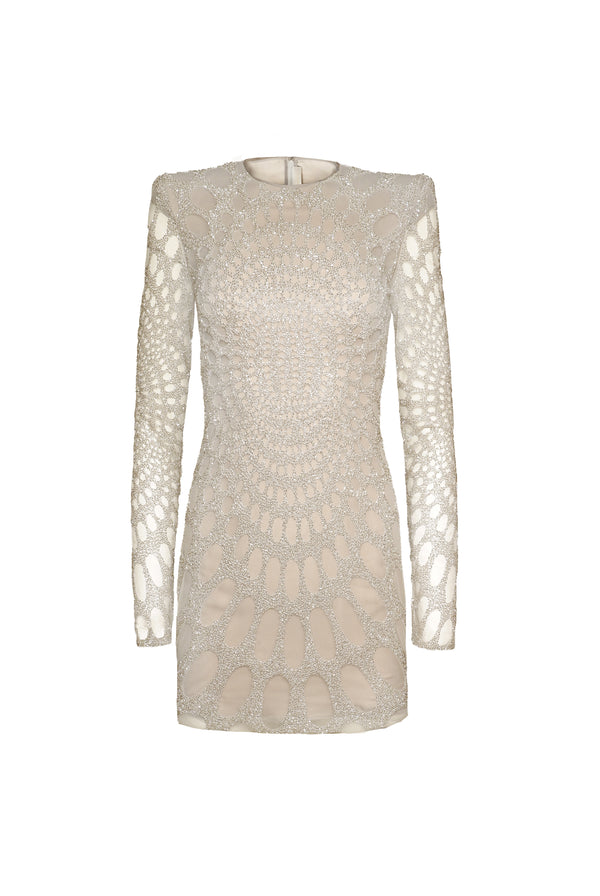 naeem khan BEADED JEWEL NECK MINI DRESS WITH LONG SLEEVES