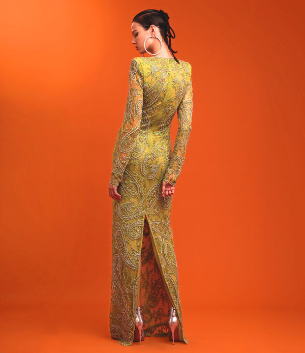 Naeem Khan BEADED PAISLEY COLUMN GOWN WITH KEYHOLE DETAIL