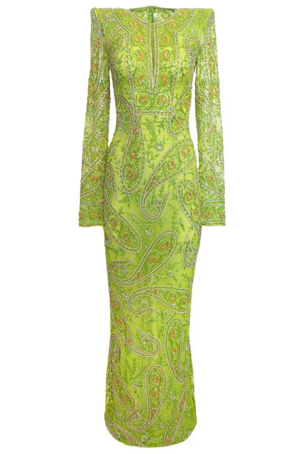 Naeem Khan BEADED PAISLEY COLUMN GOWN WITH KEYHOLE DETAIL