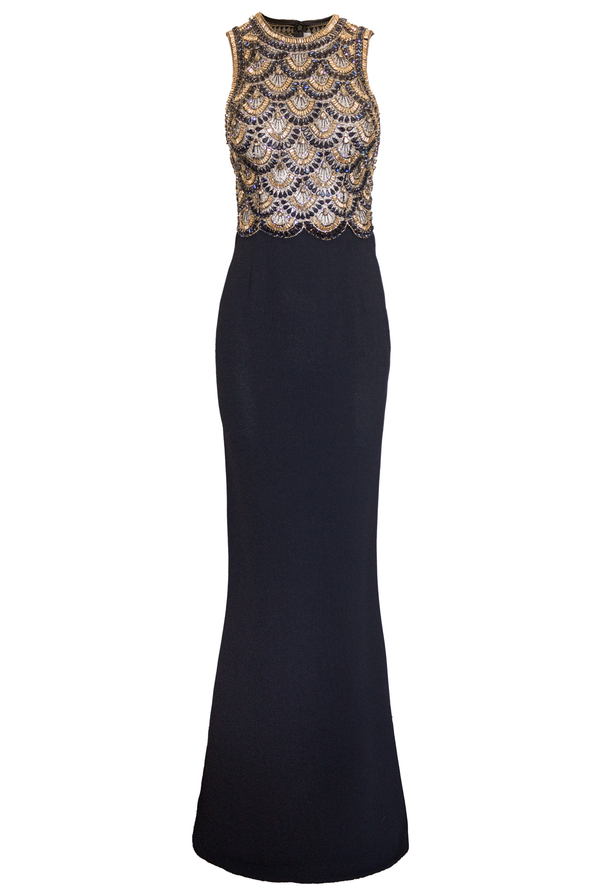 Naeem Khan BEADED SCALLOP HALTER GOWN WITH CREPE SKIRT