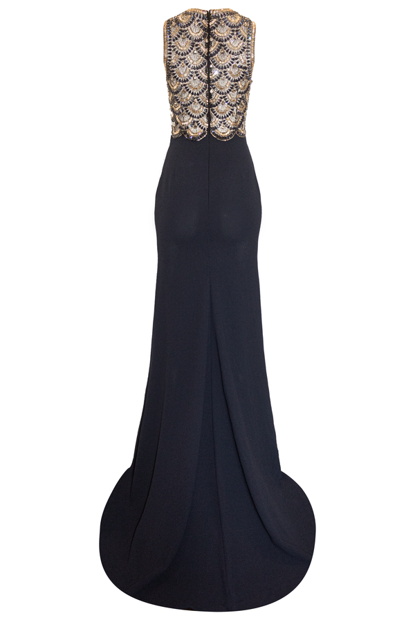 Naeem Khan BEADED SCALLOP HALTER GOWN WITH CREPE SKIRT