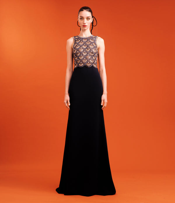naeem khan BEADED SCALLOP HALTER GOWN WITH CREPE SKIRT