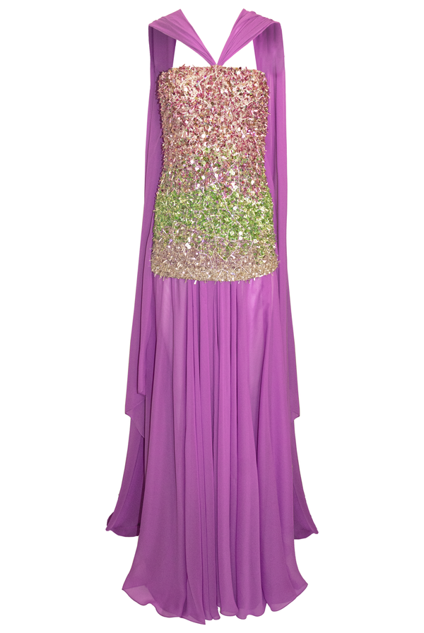 Naeem Khan BEADED STRAPLESS DRESS WITH CHIFFON DETAIL