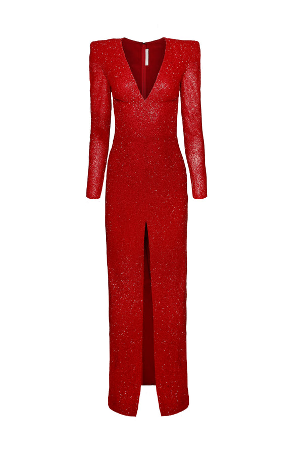 Naeem Khan BEADED V-NECK EMPIRE WAIST GOWN WITH LONG SLEEVES AND CENTER SLIT