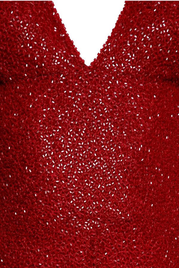 Naeem Khan BEADED V-NECK EMPIRE WAIST GOWN WITH LONG SLEEVES AND CENTER SLIT