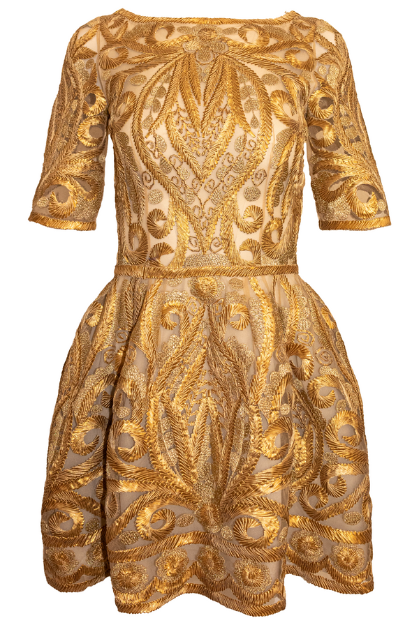 Naeem Khan BOAT NECK BUBBLE SKIRT RIBBON EMBROIDERED DRESS