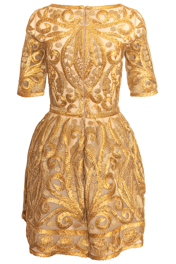 Naeem Khan BOAT NECK BUBBLE SKIRT RIBBON EMBROIDERED DRESS