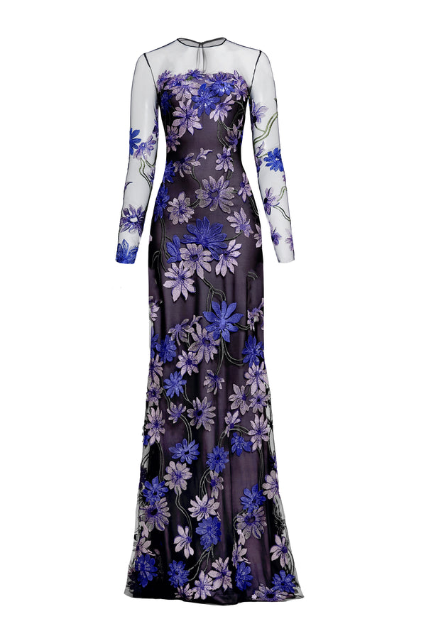 Naeem Khan BOAT NECK FIT-AND-FLARE GOWN WITH LONG SLEEVES