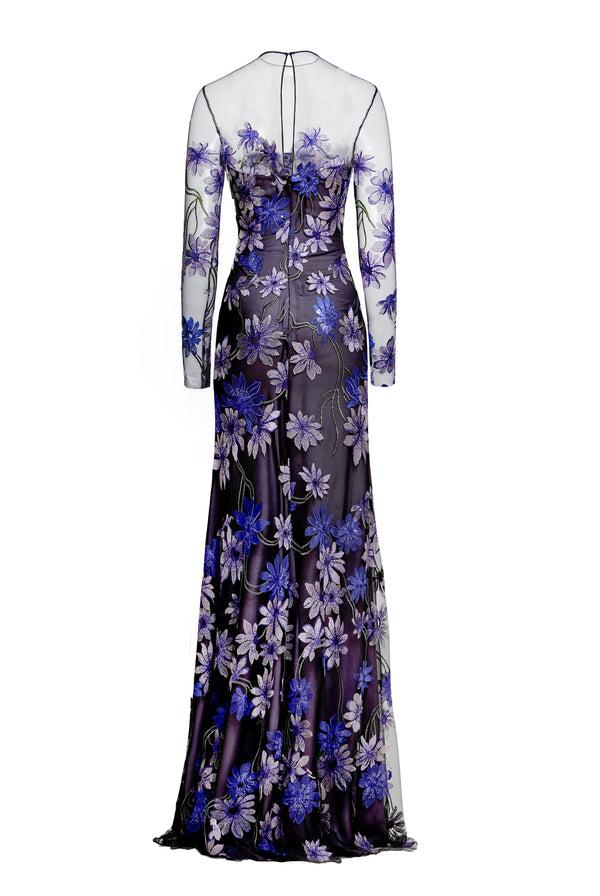 Naeem Khan BOAT NECK FIT-AND-FLARE GOWN WITH LONG SLEEVES