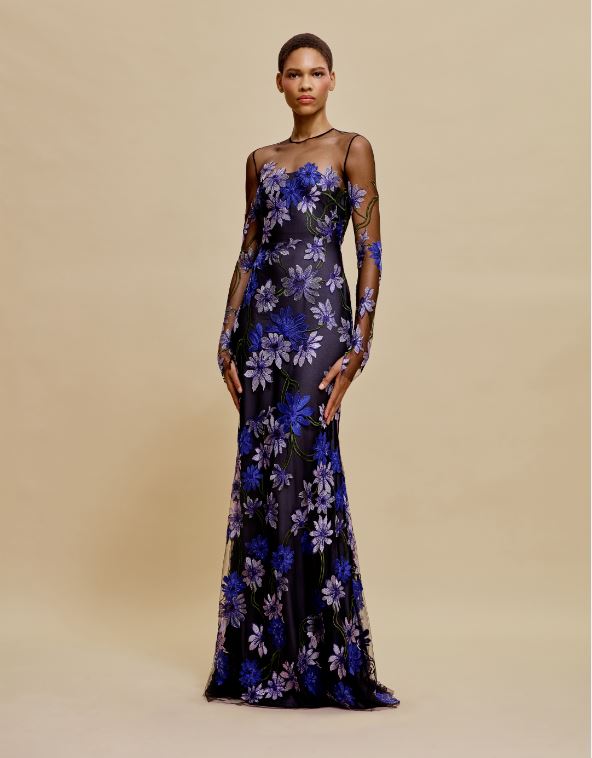 naeem khan BOAT NECK FIT-AND-FLARE GOWN WITH LONG SLEEVES