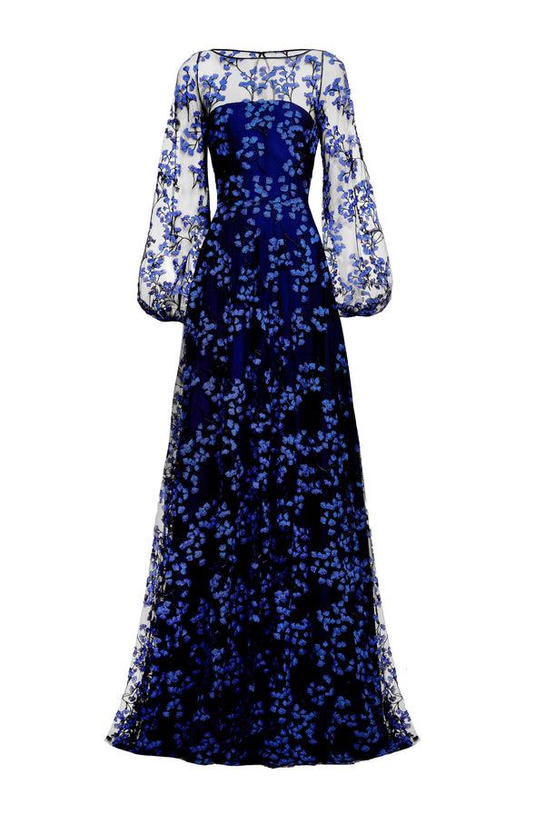 Naeem Khan BOAT NECK FULL SKIRT GOWN WITH BLOUSON SLEEVES