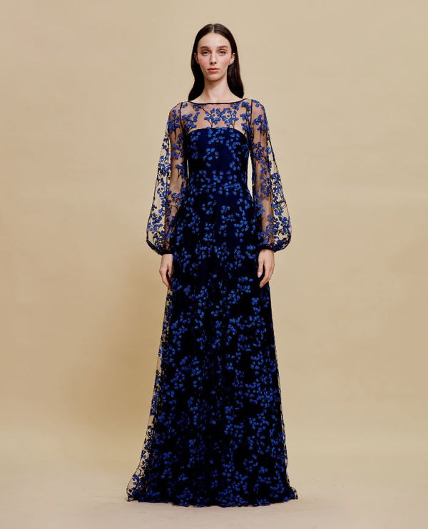 naeem khan BOAT NECK FULL SKIRT GOWN WITH BLOUSON SLEEVES