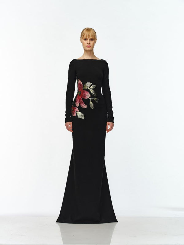 naeem khan BOAT NECK LONG SLEEVE FIT-AND-FLARE GOWN