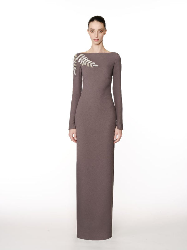 Naeem Khan BOAT NECK LONG SLEEVE GOWN WITH LEAF APPLIQUE