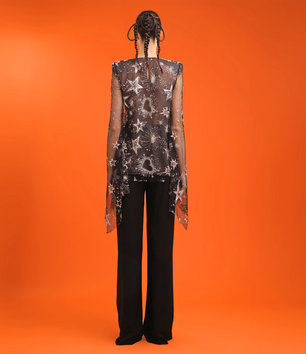 Naeem Khan CELESTIAL EMBROIDERED BUTTERFLY SLEEVE BLOUSE