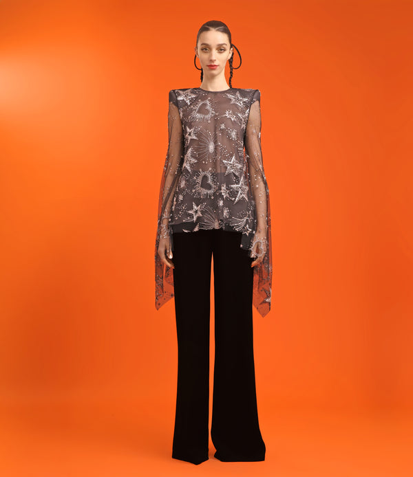 naeem khan CELESTIAL EMBROIDERED BUTTERFLY SLEEVE BLOUSE