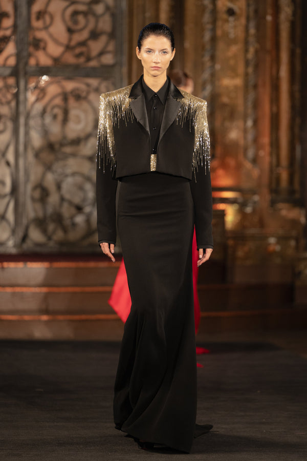 naeem khan CREPE FIT-AND-FLARE SKIRT WITH BEADED BELT