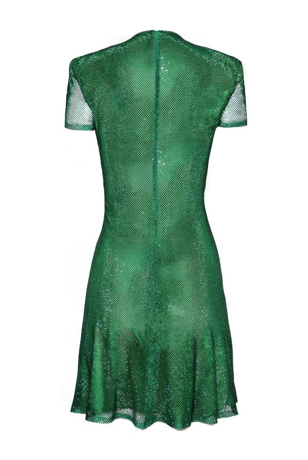 Naeem Khan CRYSTAL MESH JEWEL NECK CAP SLEEVE DRESS