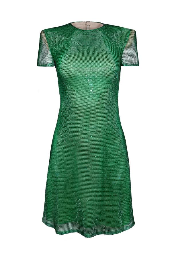 Naeem Khan CRYSTAL MESH JEWEL NECK CAP SLEEVE DRESS