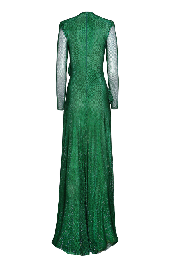 Naeem Khan CRYSTAL MESH JEWEL NECK LONG SLEEVE GOWN