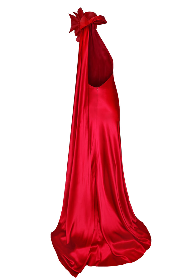 Naeem Khan DRAPED HALTER SCARF GOWN WITH FLOWER DETAIL