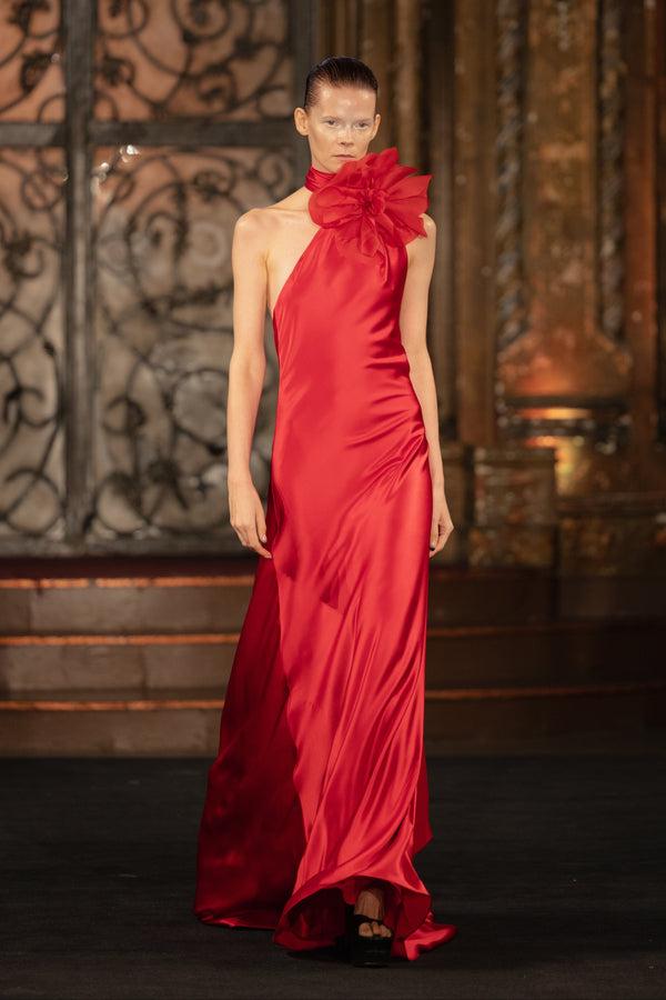 naeem khan DRAPED HALTER SCARF GOWN WITH FLOWER DETAIL
