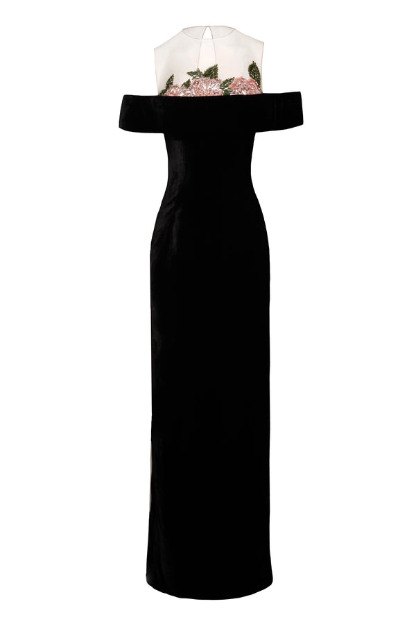 Naeem Khan EMBELLISHED BODICE OFF-THE-SHOULDER COLUMN GOWN