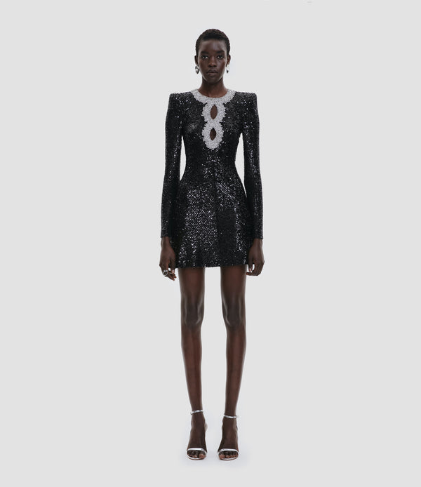 Naeem Khan EMBELLISHED NECKLINE STRETCH SEQUIN DRESS WITH LONG SLEEVES