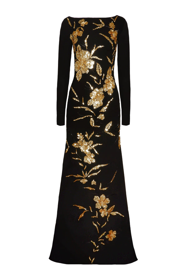 Naeem Khan EMBROIDERED BOAT NECK LONG SLEEVE FIT-AND-FLARE GOWN