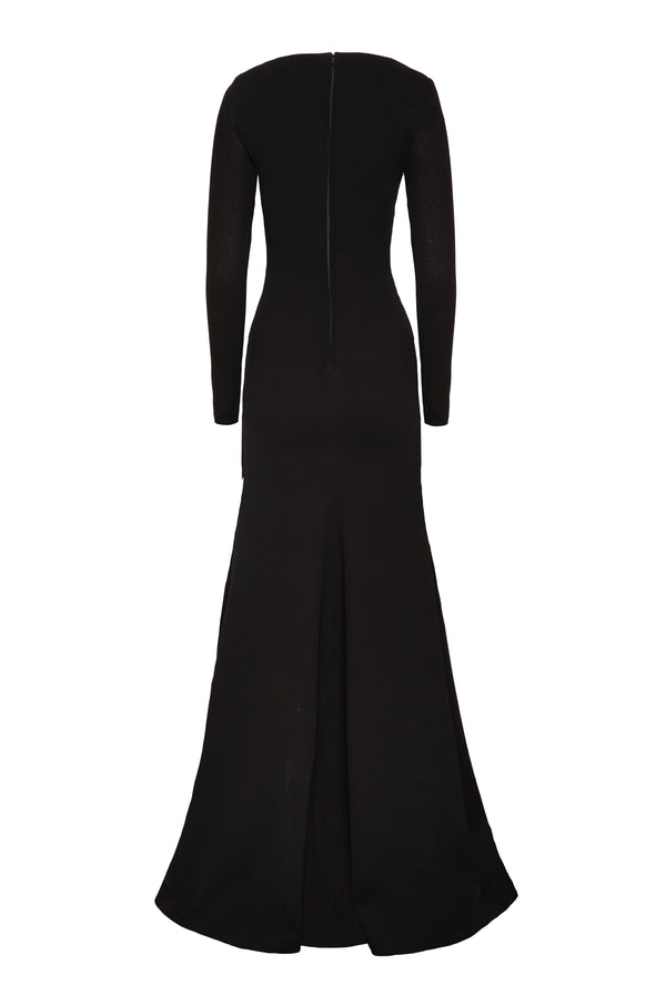 Naeem Khan EMBROIDERED BOAT NECK LONG SLEEVE FIT-AND-FLARE GOWN