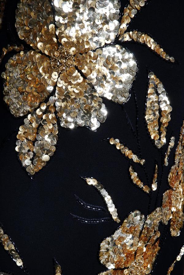 Naeem Khan EMBROIDERED BOAT NECK LONG SLEEVE FIT-AND-FLARE GOWN