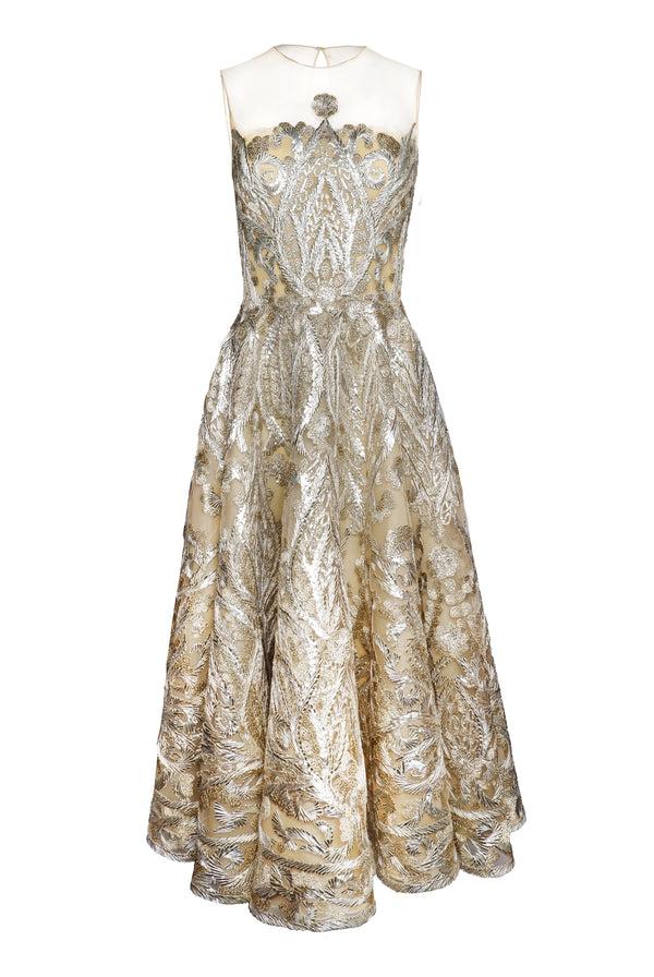 Naeem Khan EMBROIDERED ILLUSION NECKLINE TEA-LENGTH DRESS
