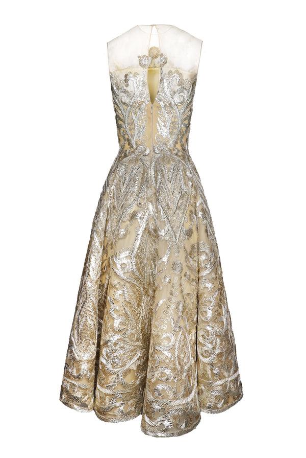 Naeem Khan EMBROIDERED ILLUSION NECKLINE TEA-LENGTH DRESS