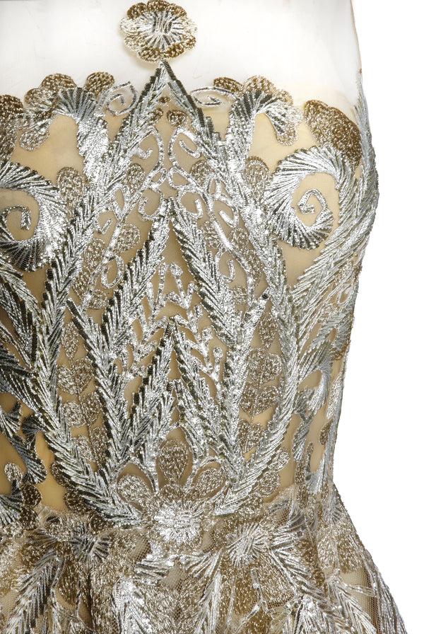 Naeem Khan EMBROIDERED ILLUSION NECKLINE TEA-LENGTH DRESS