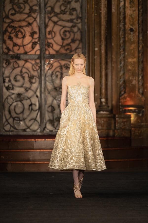 naeem khan EMBROIDERED ILLUSION NECKLINE TEA-LENGTH DRESS