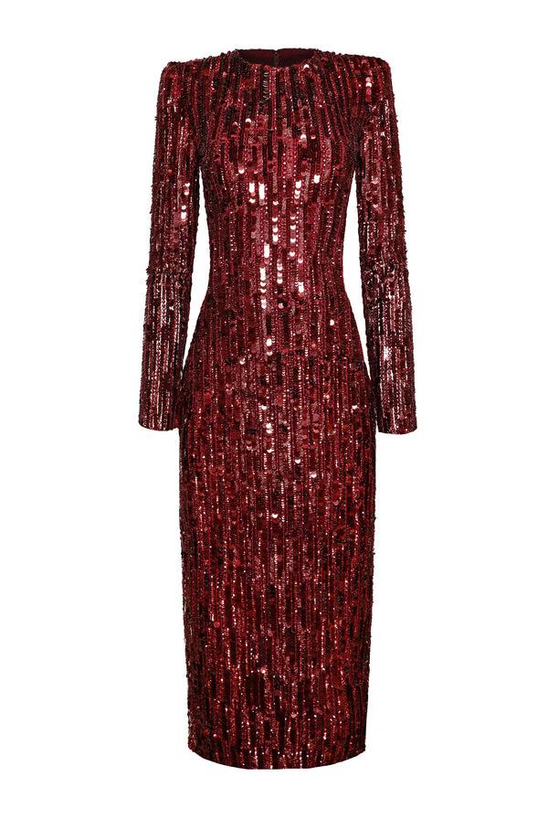 Naeem Khan EMBROIDERED LONG SLEEVE TEA-LENGTH DRESS