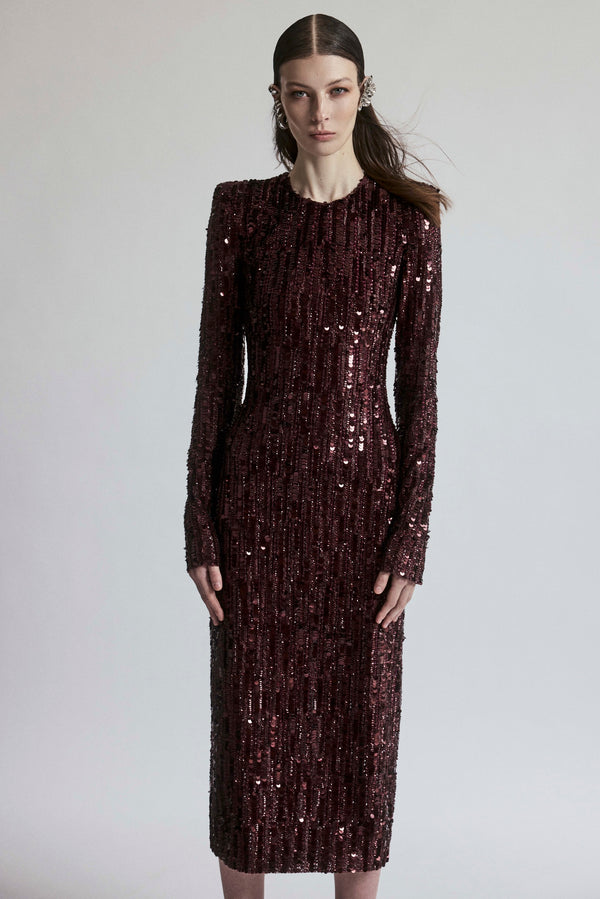 Naeem Khan EMBROIDERED LONG SLEEVE TEA-LENGTH DRESS