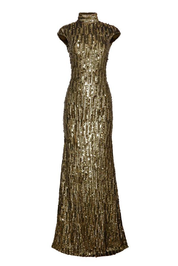 Naeem Khan EMBROIDERED MOCK NECK CAP SLEEVE FIT-AND-FLARE GOWN