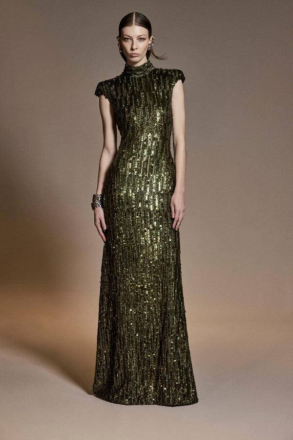 naeem khan EMBROIDERED MOCK NECK CAP SLEEVE FIT-AND-FLARE GOWN