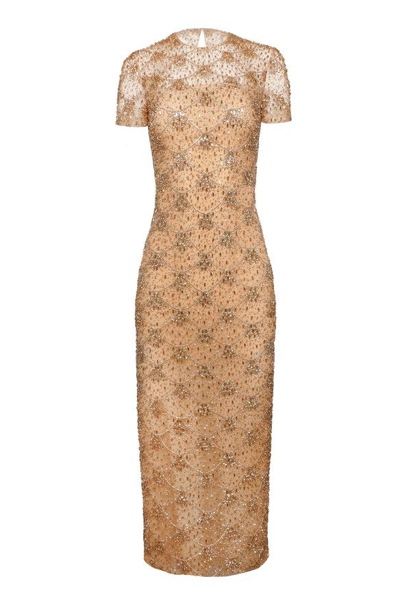 Naeem Khan EMBROIDERED SHORT SLEEVE TEA-LENGTH DRESS