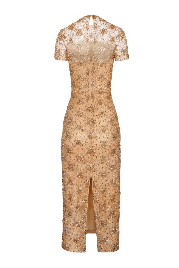 Naeem Khan EMBROIDERED SHORT SLEEVE TEA-LENGTH DRESS