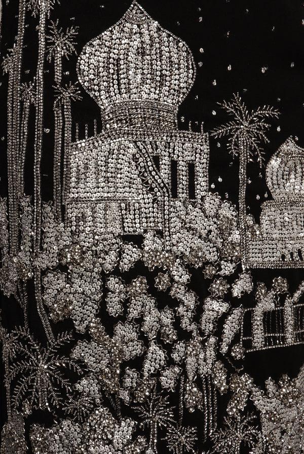 Naeem Khan EMBROIDERED SHORT SLEEVE TEA-LENGTH DRESS