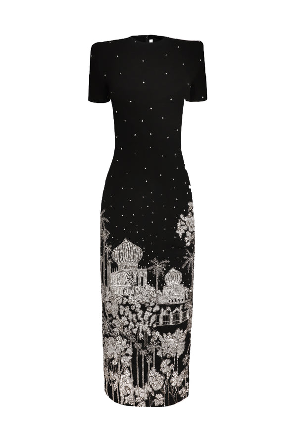 naeem khan EMBROIDERED SHORT SLEEVE TEA-LENGTH DRESS