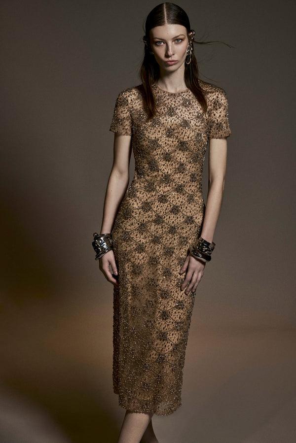 naeem khan EMBROIDERED SHORT SLEEVE TEA-LENGTH DRESS